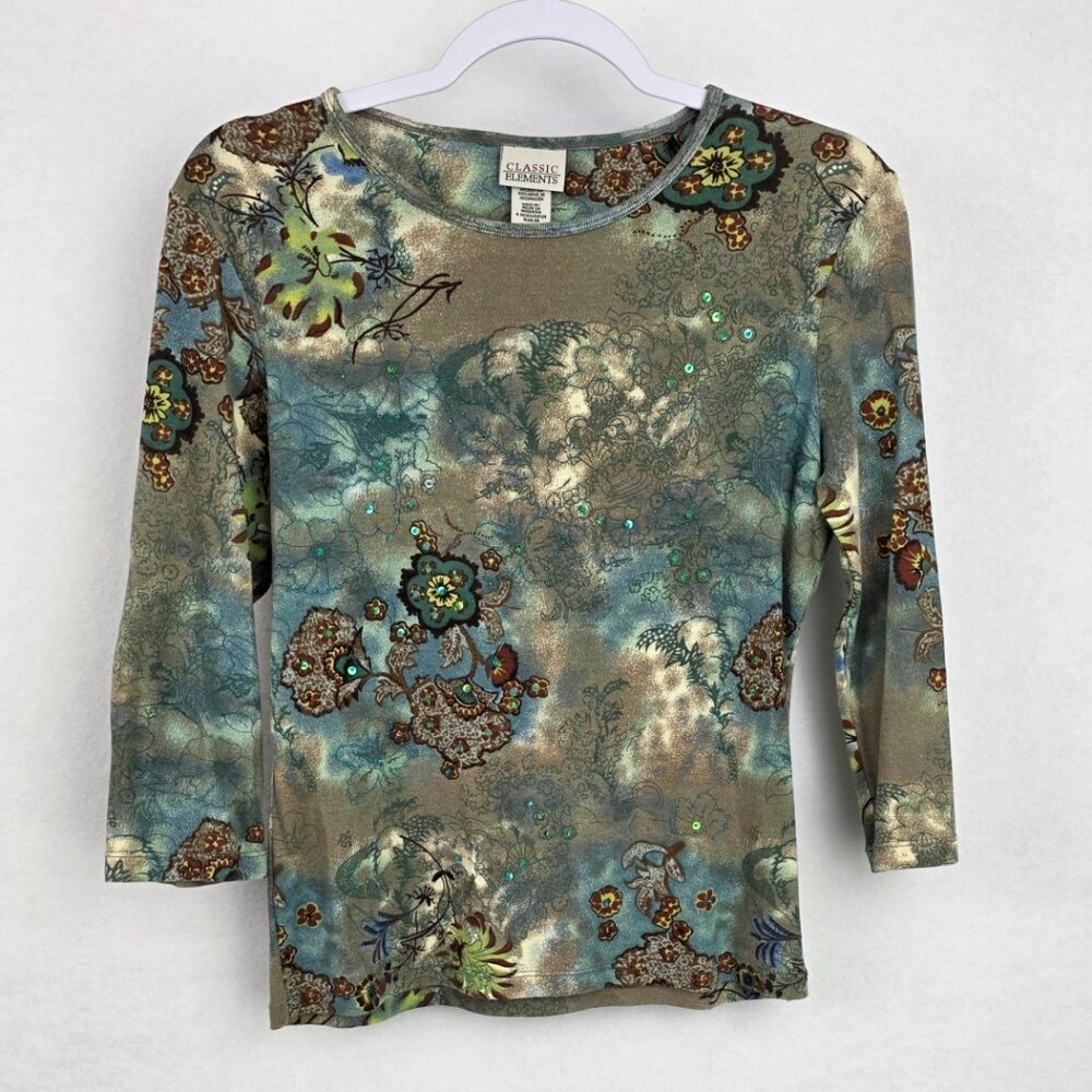 Classic Elements Womens Floral Top with Rhinestone Size Small Brown Blue Green